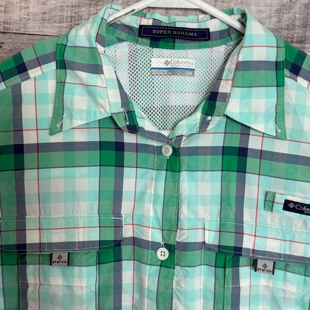 Columbia PFG Super Bahama Shirt Womens Large Green Plaid Button Up Long Sleeve